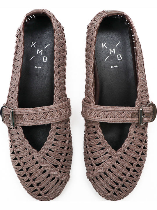 Leather Women's Ballerina Shoes With Strap In Brown Color