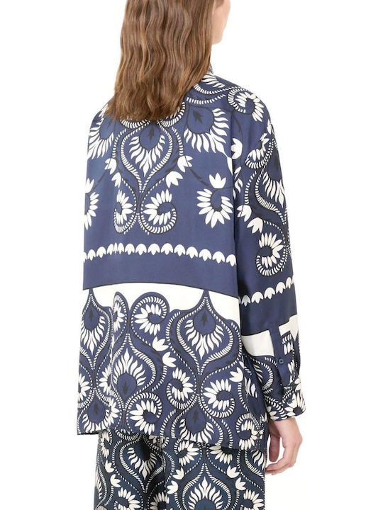Long Sleeve Women's Silky Shirt Blue Floral