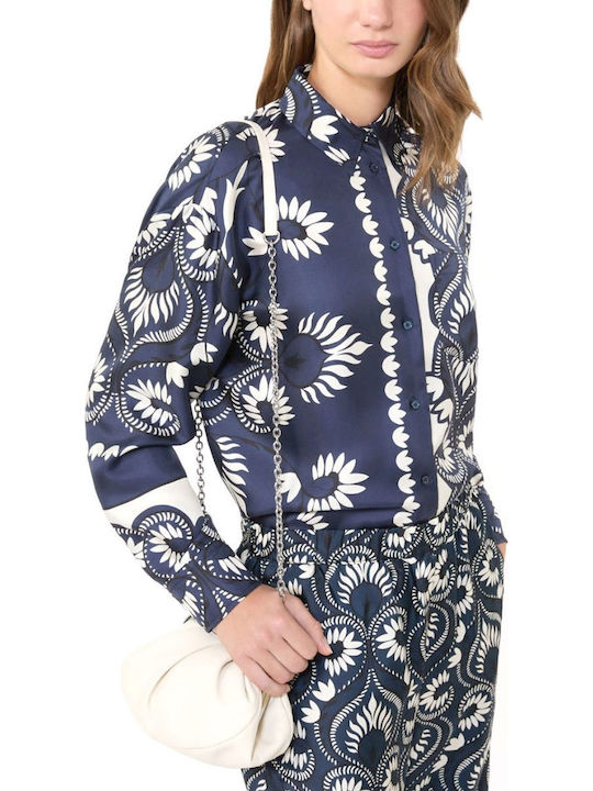 Long Sleeve Women's Silky Shirt Blue Floral