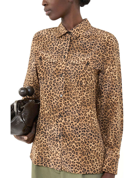 Long Sleeve Women's Silky Shirt Beige-Brown
