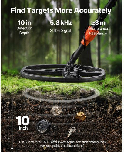 Vevor DPJSTCQJB10ID7GHN001V9 Metal / Gold Detektoren für Boden mit Erkennungstiefe 25.4cm und Wasserdichte Spule