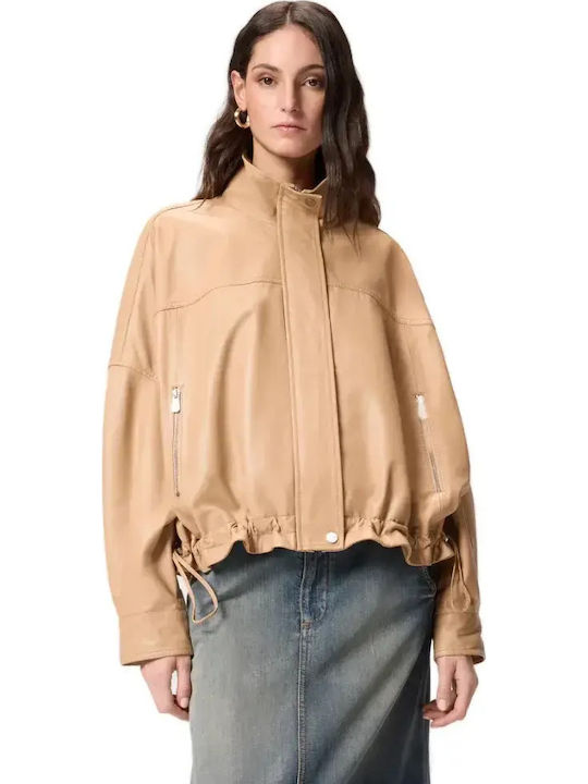 Leather Women's Jacket for Winter Beige Chantilly