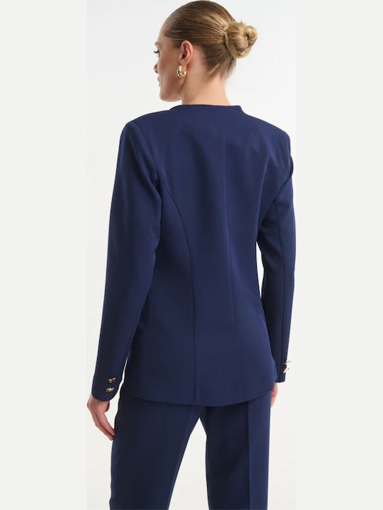 Fibes Langes Damen-Krepp Tailliertes Blazer Blau