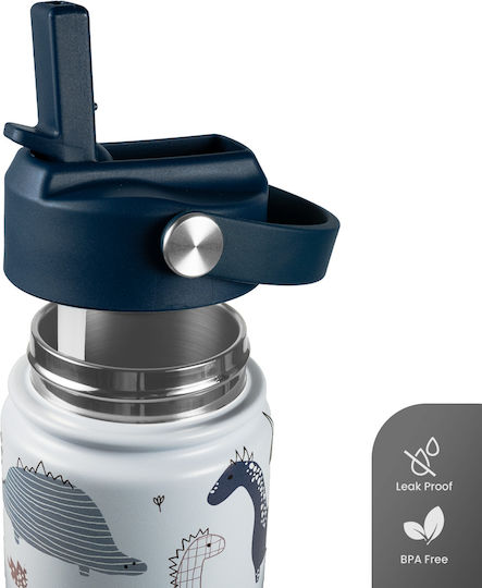 Dozze Kids Water Bottle Thermos Dinosaur Stainless Steel with Straw Non Spill Blue 355ml