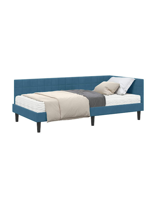 Single Bed Upholstered with Velvet Blue Velvet with Slats and Mattress 90x190cm