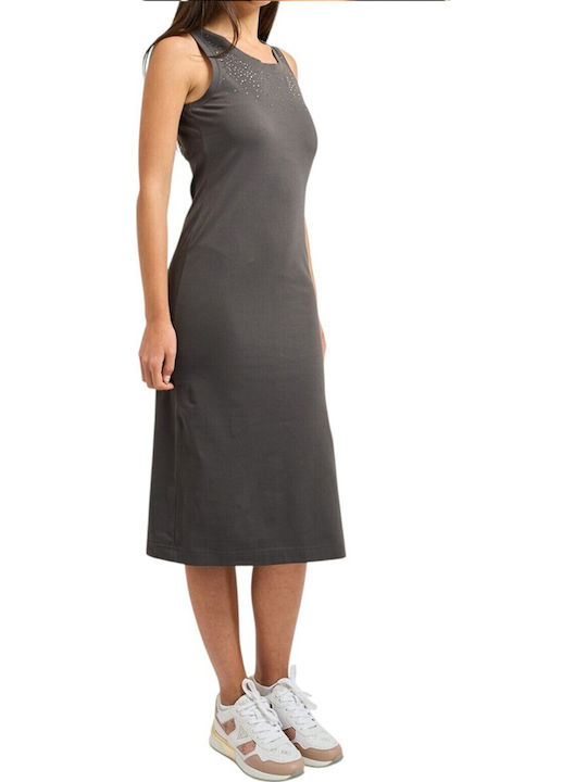 Καλοκαιρινό Midi Φόρεμα με Σκίσιμο Gray Pinstripe