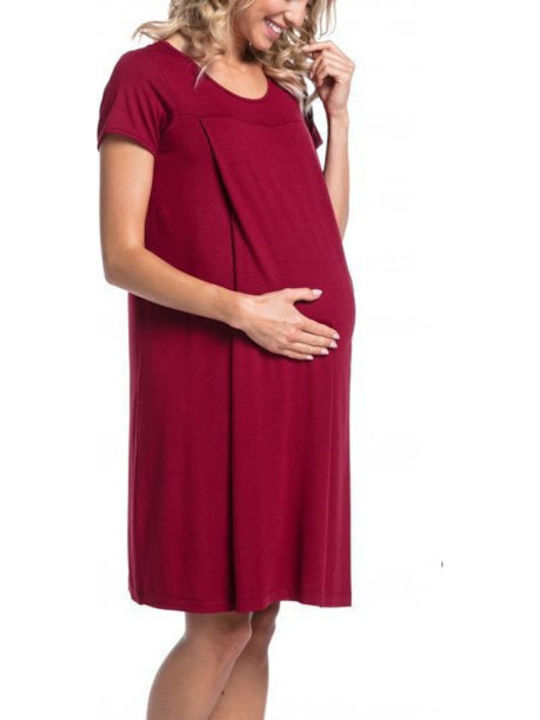 Short Sleeve Maternity Nursing Dress Red Cotton-Polyester