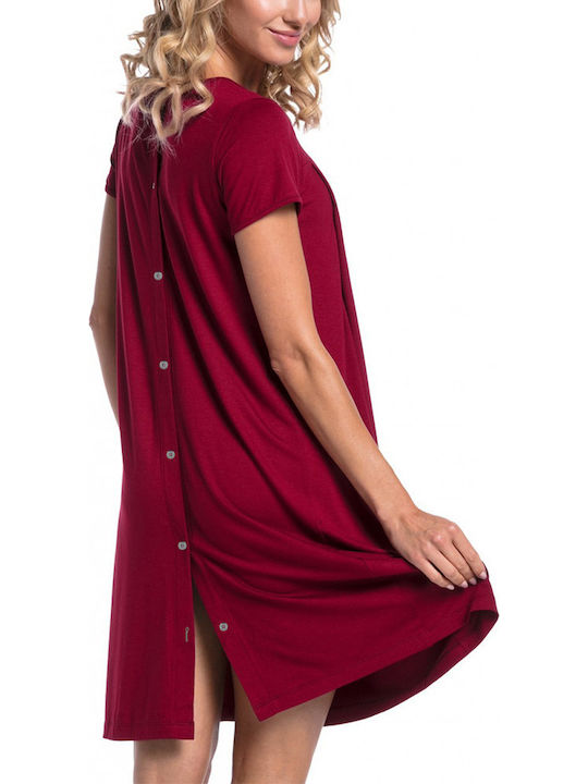 Short Sleeve Maternity Nursing Dress Red Cotton-Polyester