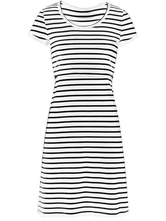 Women's Striped Short Sleeve Nursing Dress Black and White Polyester