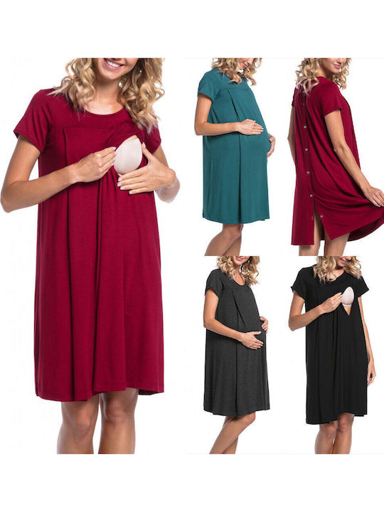 Short Sleeve Maternity Nursing Dress Red Cotton-Polyester
