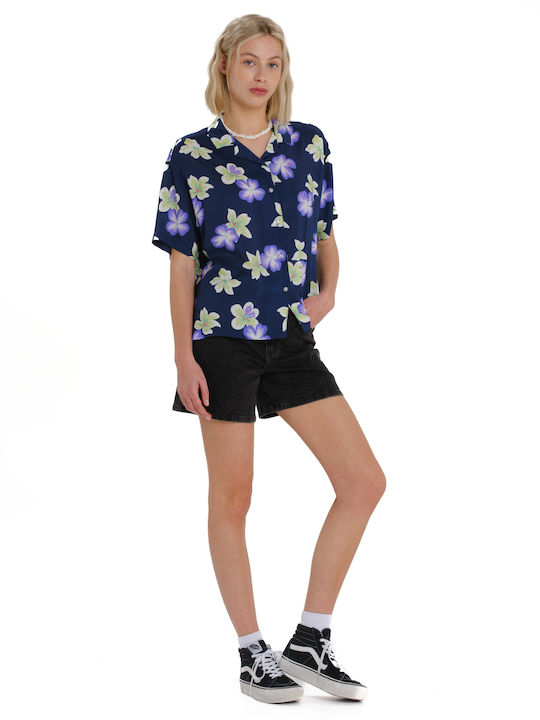 Kurzärmeliges Damenhemden Denim Marineblau Blumen 261.EW61.23PR-Pr570c-Marineblau