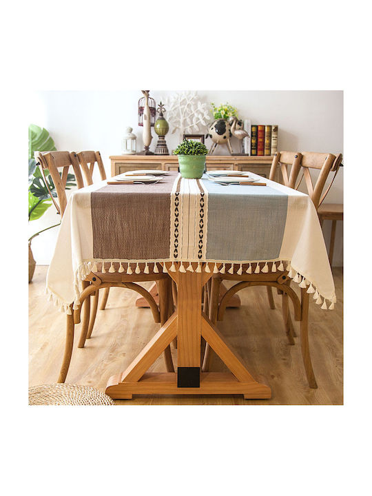 FRIPIA FRIPIA Leinen Tischtuch Mit Stickerei Blau Und Braun 140x300cm