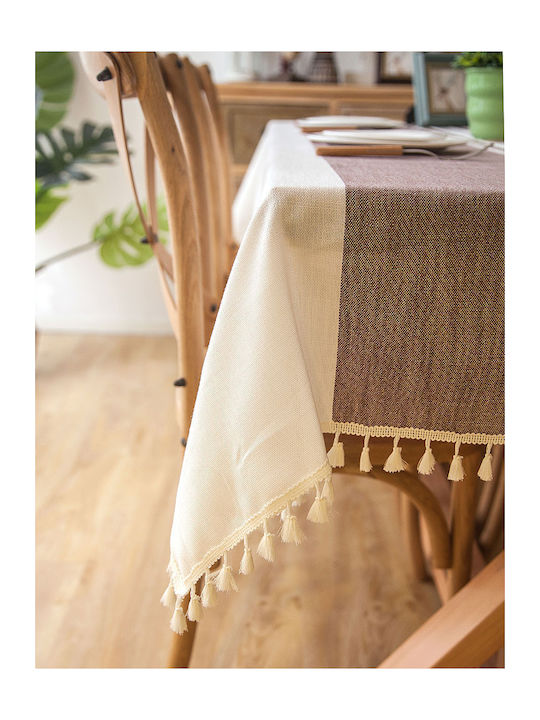 FRIPIA FRIPIA Leinen Tischtuch Mit Stickerei Blau Und Braun 140x300cm