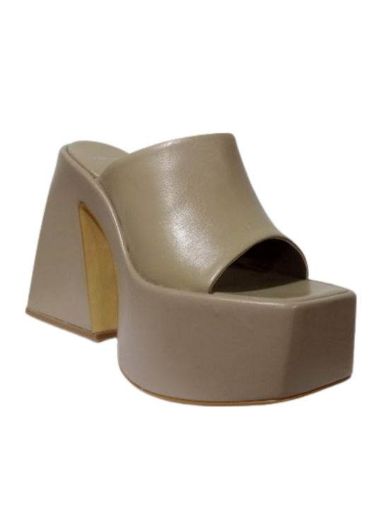 Leather Mules with High Heel in Beige Colour