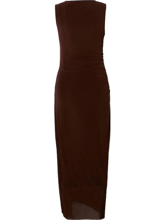 Ladies Midi Evening Dress with Mesh Brown