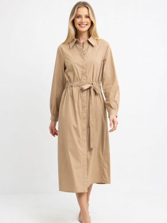 Rochii De Vară Pentru Femei Midi Rochie-Cămașă Mânecă Lungă Bej