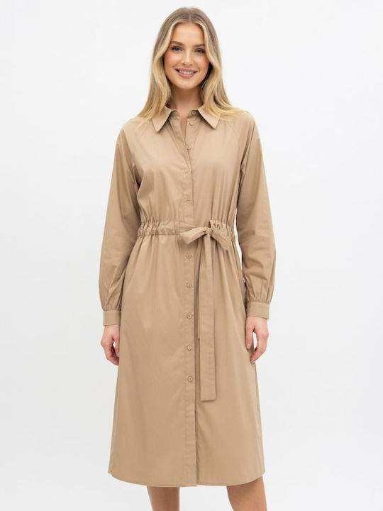 Rochii De Vară Pentru Femei Midi Rochie-Cămașă Mânecă Lungă Bej