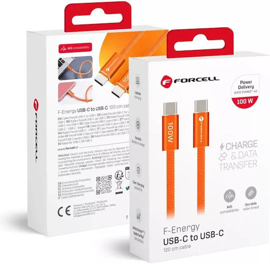 Forcell USB 2.0 Cable USB-C male - USB-C 100W Πορτοκαλί 1.2m