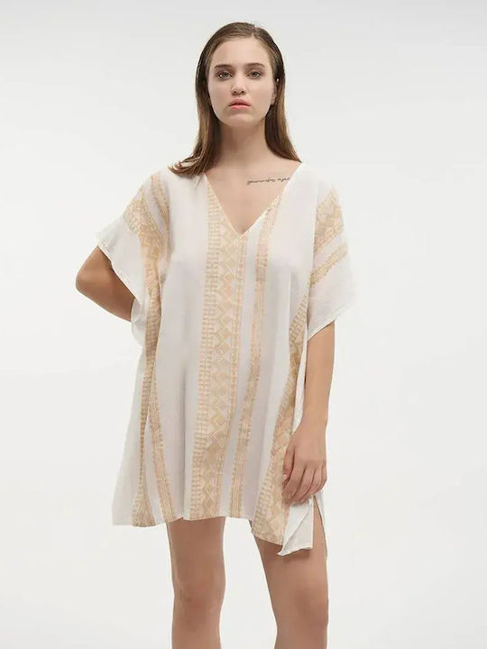 Ble Resort Collection One Size 100% Γυναικείο Καφτάνι Παραλίας Ασπρο/χρυσο