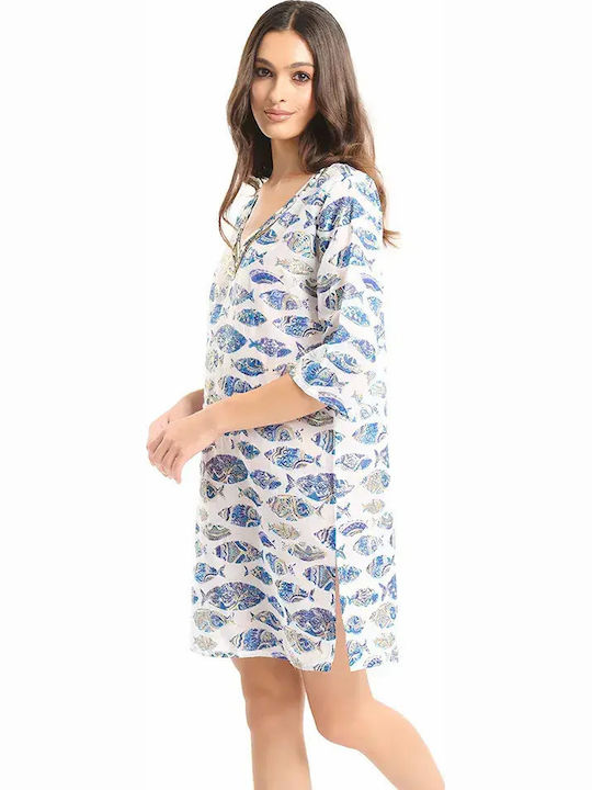Ble Resort Collection One Size 100% Καφτάνι Παραλίας Λευκο/μπλε Ble Resort Collection One Size 100% Καφτάνι Παραλίας Λευκο/μπλε