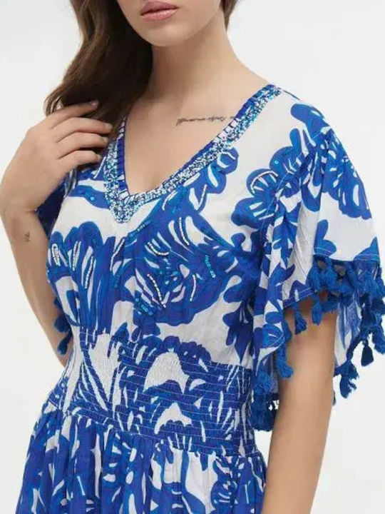 Ble Resort Collection One Size 100% Women's Mini Beach Caftan Blue White