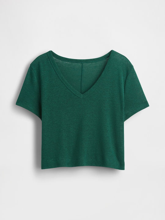 Γυναικείο Καλοκαιρινό Crop Top Λινό με V Λαιμόκοψη Rain Forest Green