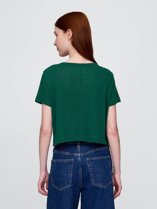 Γυναικείο Καλοκαιρινό Crop Top Λινό με V Λαιμόκοψη Rain Forest Green