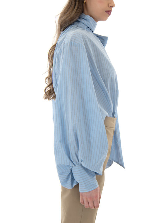 Women's Cotton Long Sleeve Top with Zipper Stripes Brown