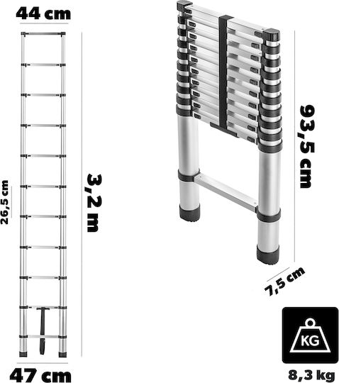 Kadax Scară Telescopică din Aluminiu Simplă cu 11 Trepte Înălțime Maximă 3.2m