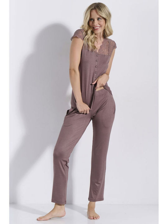 Jeannette Lingerie Καλοκαιρινό Γυναικείο Σετ Πιτζάμας Mocha