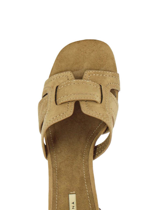 Suede Mules with Heel in Beige Color