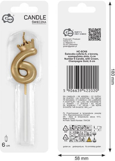 Candle Number 6 Crown Champagne Gold 6 Cm