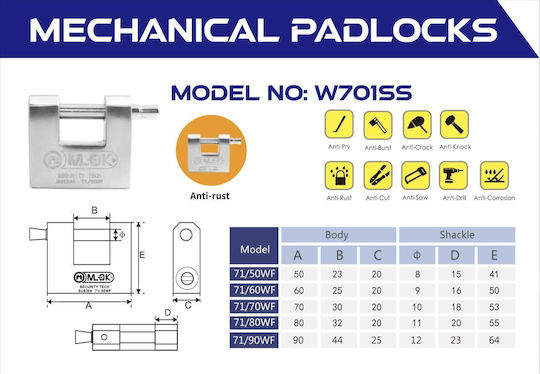 Steel Monoblock Padlock with Key 90mm