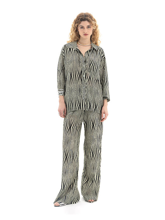 Women's High Rise Cotton Pantaloons in Straight Leg Style Black-Green