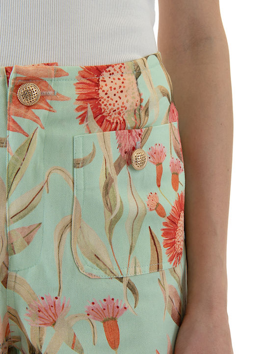 Pantaloni Largi Dama Cu Talie Înaltă Din Bumbac Floral Portocalii-Verzi