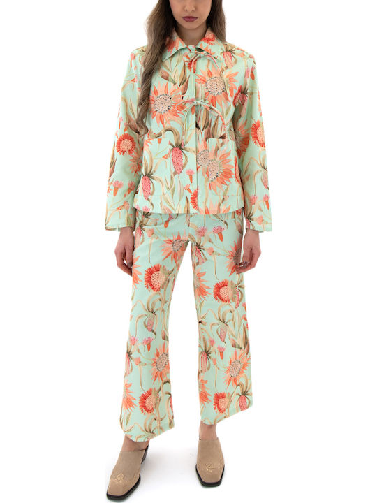 Pantaloni Largi Dama Cu Talie Înaltă Din Bumbac Floral Portocalii-Verzi