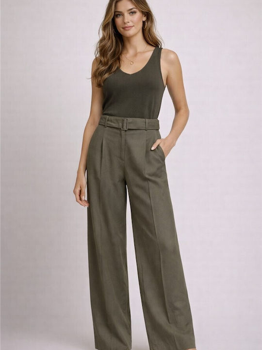 Wide Women's High Rise Pantaloons in Loose Fit Khaki