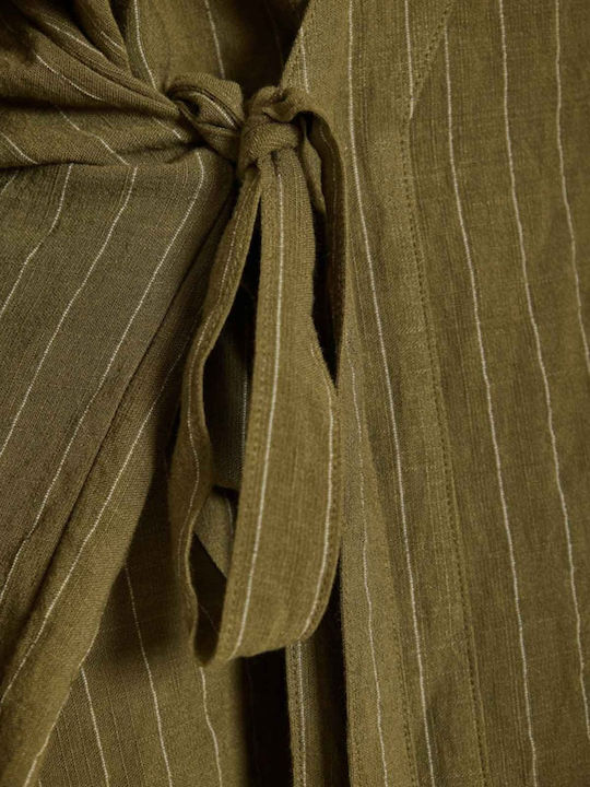 Long Sleeve Women's Linen Shirt Dusty Olive Striped