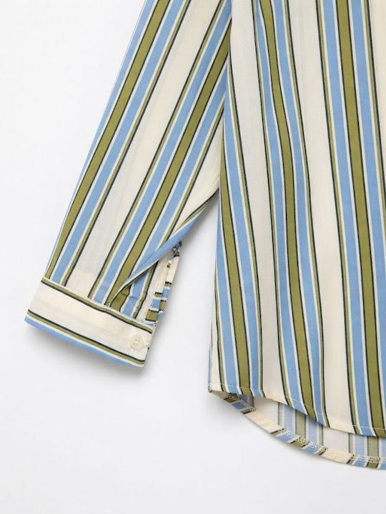 Long Sleeve Women's Shirt Ciel Green Striped Pattern