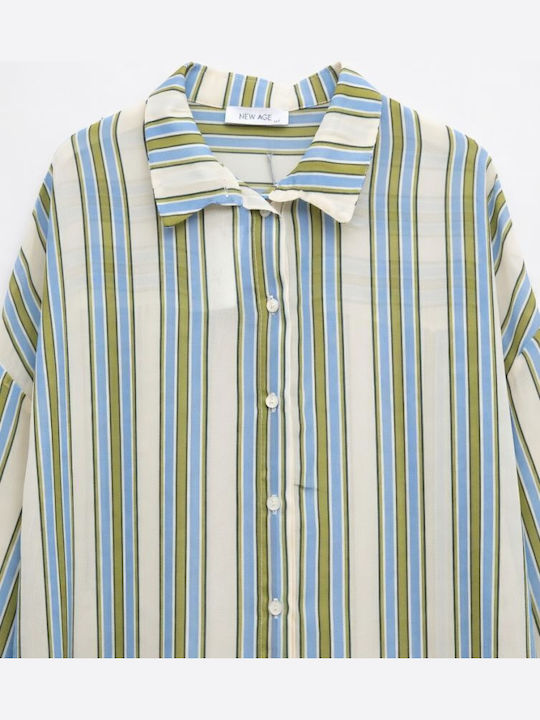 Long Sleeve Women's Shirt Ciel Green Striped Pattern