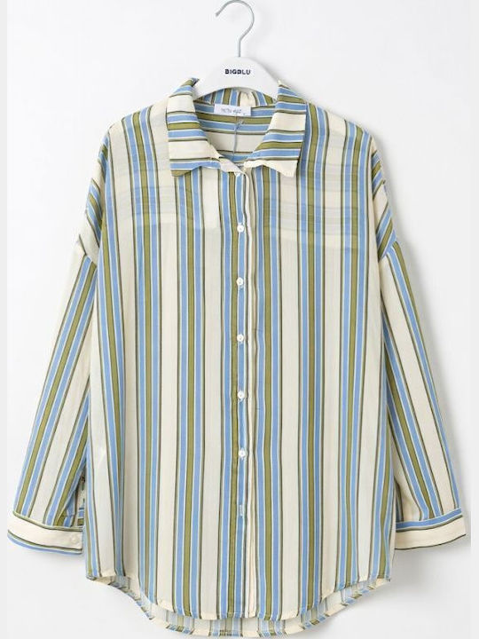 Long Sleeve Women's Shirt Ciel Green Striped Pattern