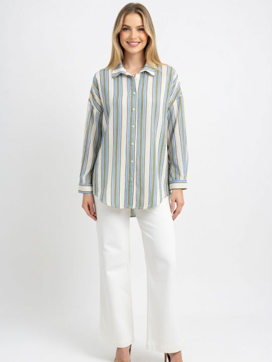 Long Sleeve Women's Shirt Ciel Green Striped Pattern