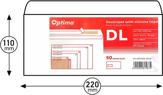 Plicuri Optima Dl Envelope 110x220mm Silicone Seal 50 Pcs Set Optima White Left Window