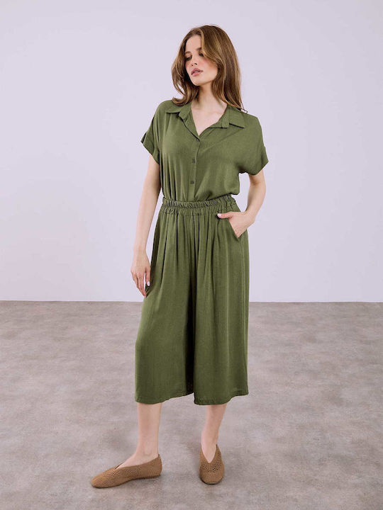 Celestino Zip Culottes Solid Viscose Loose Fit Khaki