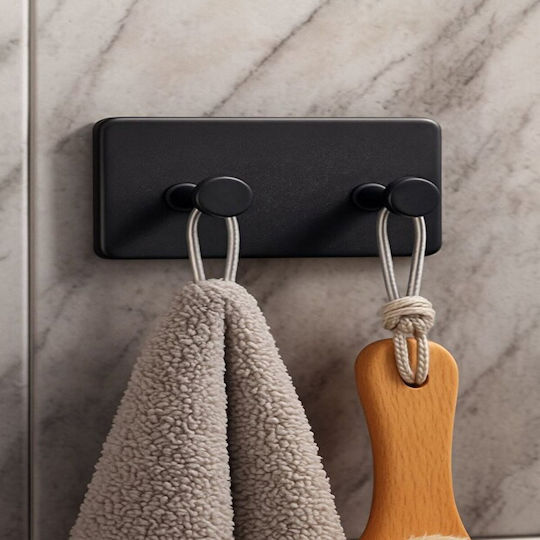 Femmit Set of 4 Adhesive Wall Hooks 8 Positions Organization Without Drilling Bathroom & Kitchen 10 x 6 cm Black