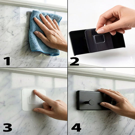 Femmit Set of 4 Adhesive Wall Hooks 8 Positions Organization Without Drilling Bathroom & Kitchen 10 x 6 cm Black