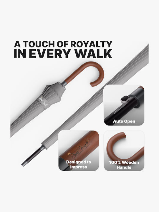 Royal Walk Антиветрена Автоматична Чадър за Дъжд с бастун за ходене Сив