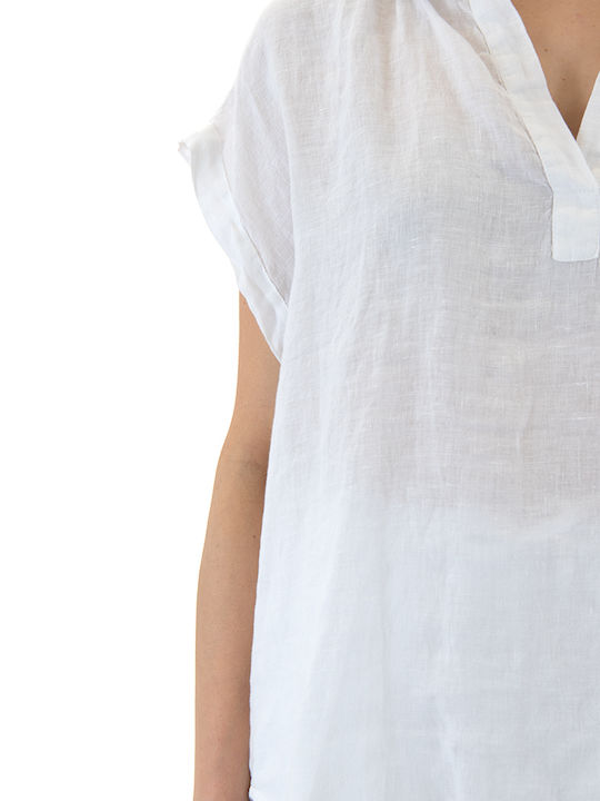Καλοκαιρινή Λινή Τουνίκ Κοντομάνικη με V Λαιμόκοψη Λευκή