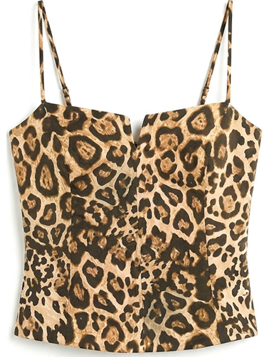 Women's Corset Top with Spaghetti Straps Brown Animal Print
