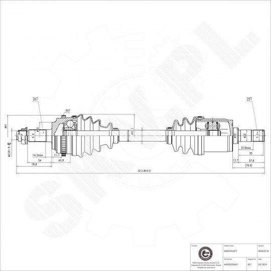 Ημιαξόνιο Κίνησης Honda Civic Vii Εμπρός Δεξιά 44305s5da01